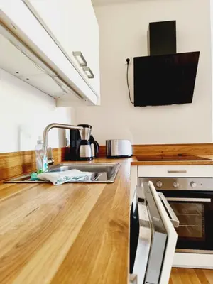 Küche/Küchenzeile in der Unterkunft Hübsches Design Apartment mit Parkplatz im Zentrum von Königstein