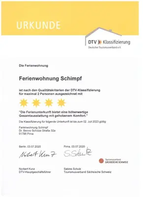 Ein Zertifikat, Auszeichnung, Logo oder anderes Dokument, das in der Unterkunft Fewo Schimpf Pirna ausgestellt ist