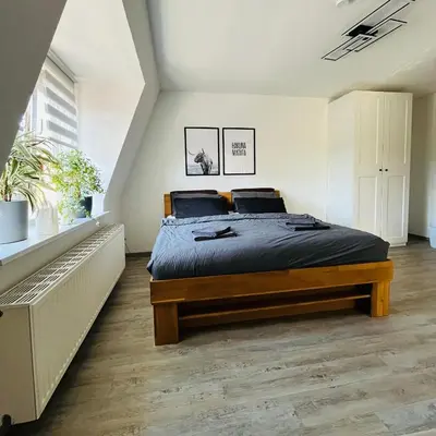 Ein Bett oder Betten in einem Zimmer der Unterkunft Modernes Cityapartment nähe Schloss Pillnitz