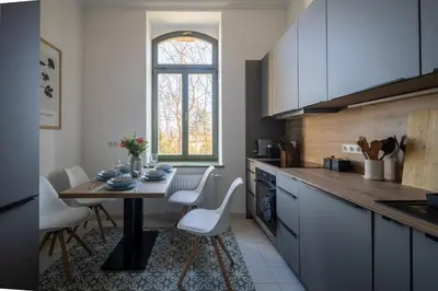 Küche/Küchenzeile in der Unterkunft Goethe Palais am Großen Garten, Arbeitsplatz, ruhig, max 6P, Smart-TV, eigener Parkplatz