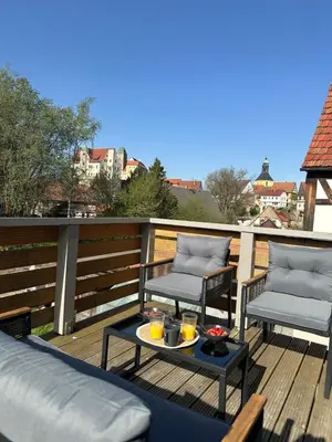 Ein Balkon oder eine Terrasse in der Unterkunft Burgblick am Malerweg