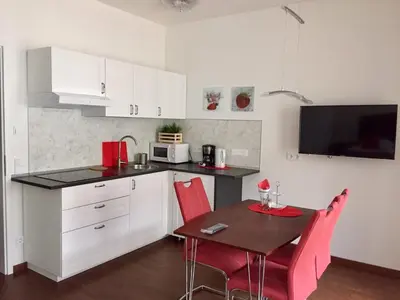 Küche/Küchenzeile in der Unterkunft Apartment am Zwingerteich