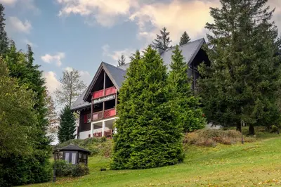 Ein Garten an der Unterkunft Ferienanlage Zum Silberstollen 2 Häuser am Berg Polderhof und Weißeritzhütte