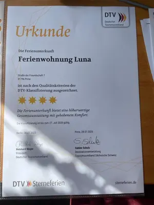 Ein Zertifikat, Auszeichnung, Logo oder anderes Dokument, das in der Unterkunft Ferienwohnung Luna ausgestellt ist