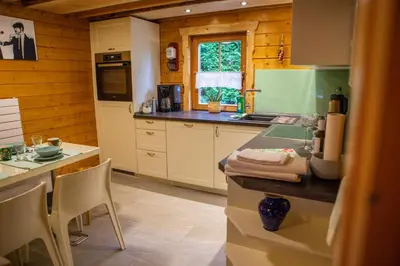 Küche/Küchenzeile in der Unterkunft Ferienhaus Blockhaus am Hengstberg bei Dresden