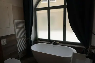 Ein Badezimmer in der Unterkunft Alte Brennerei Schloss Zehista EG Rittersporn